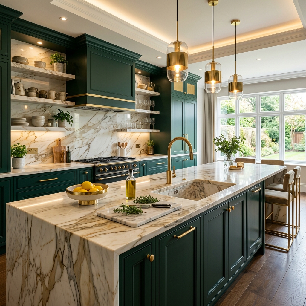 Sophisticated emerald green modular kitchen layout